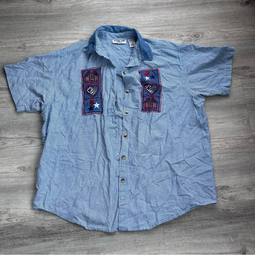 VTG Victoria Jones Shirt Woman 18 Striped Button Down usa patchwork grandma core